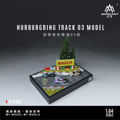 Model of a Nurburgring track with cars and Pirelli branding on a gray background.