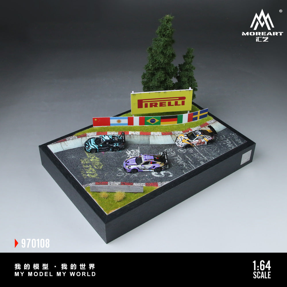 Model race track with cars and Pirelli sign on a gray background, featuring the Moreart CZ brand.