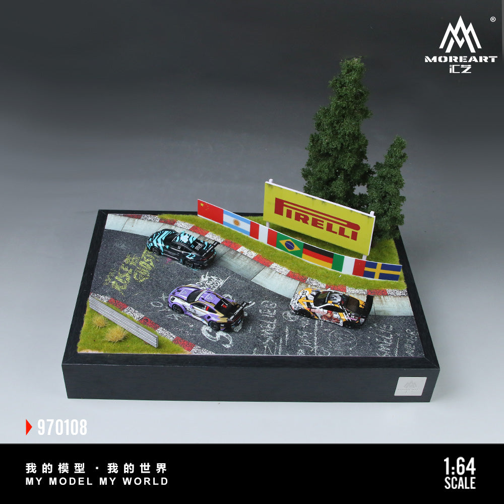 Model race track with cars and Pirelli branding, featuring Moreart CZ logo.