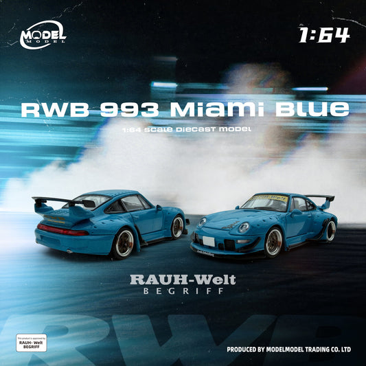 Two blue RWB 993 cars in Miami Blue color on a dark background with 'RAUH-Welt Begriff' branding.