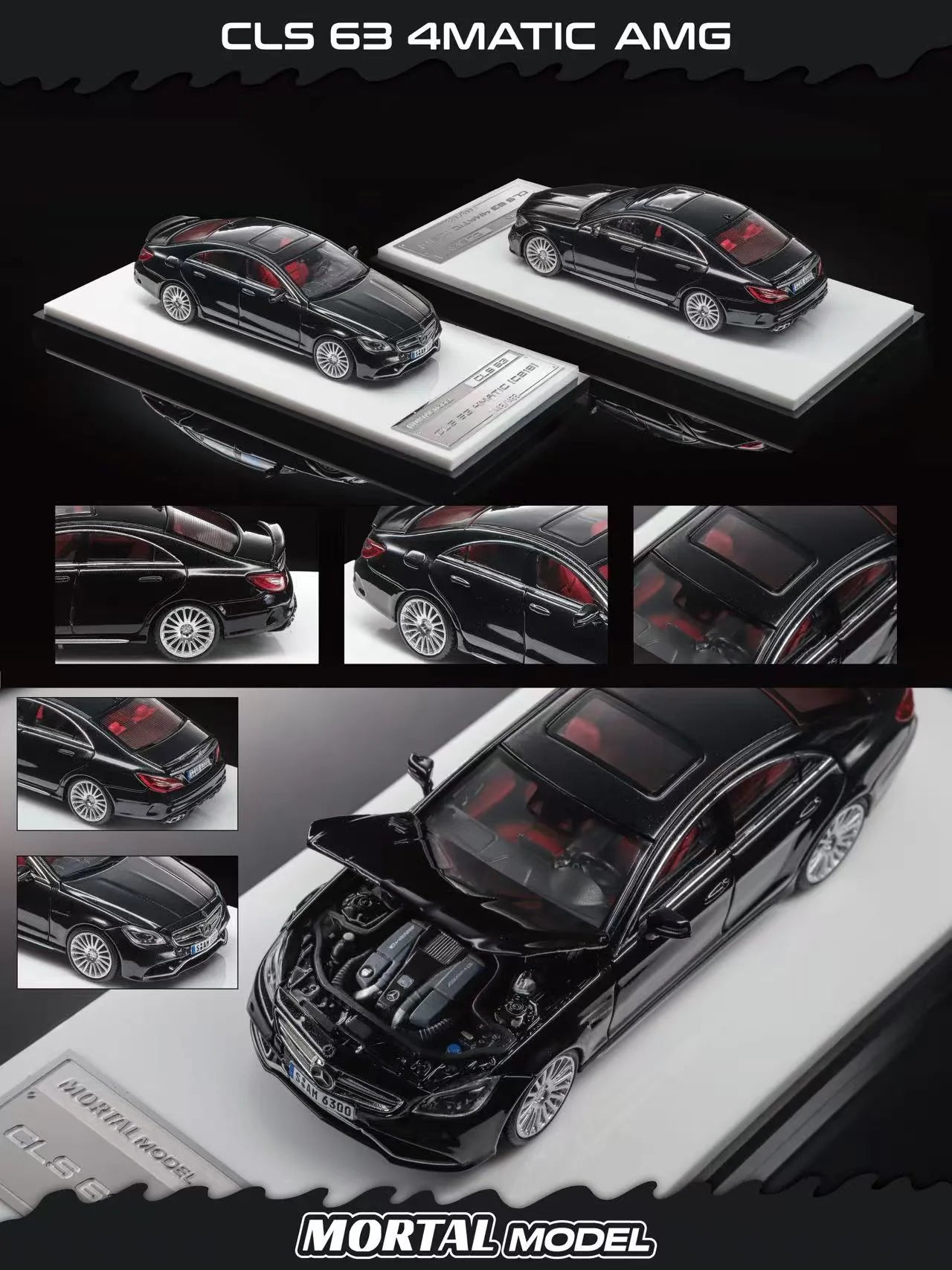 Black 1:64 scale model car of a Mercedes-Benz CLS 63 4matic AMG by Mortal Model, shown in multiple views including the hood open, on a white display base against a black background.