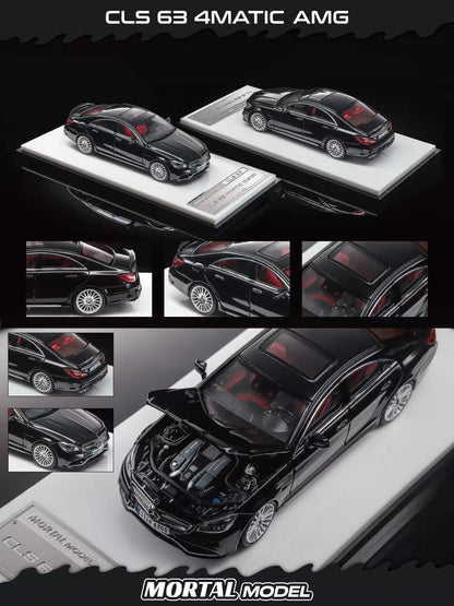 Black 1:64 scale model car of a Mercedes-Benz CLS 63 4matic AMG by Mortal Model, shown in multiple views including the hood open, on a white display base against a black background.