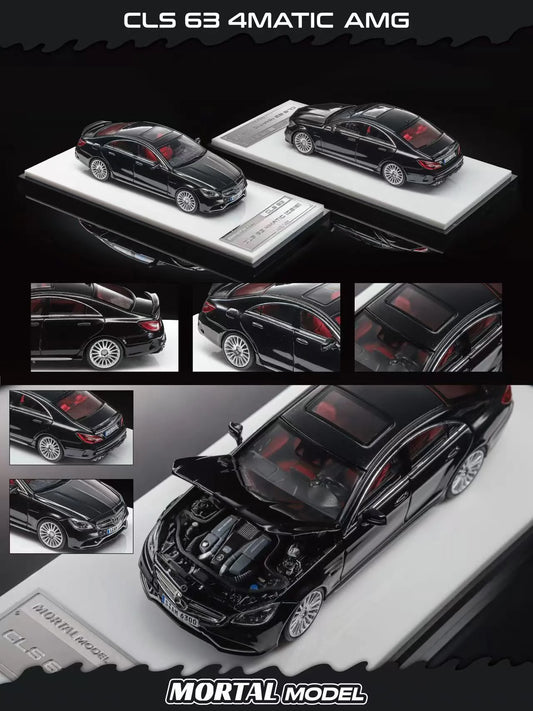 Black 1:64 scale model car of a Mercedes-Benz CLS 63 4matic AMG by Mortal Model, shown in multiple views including the hood open, on a white display base against a black background.