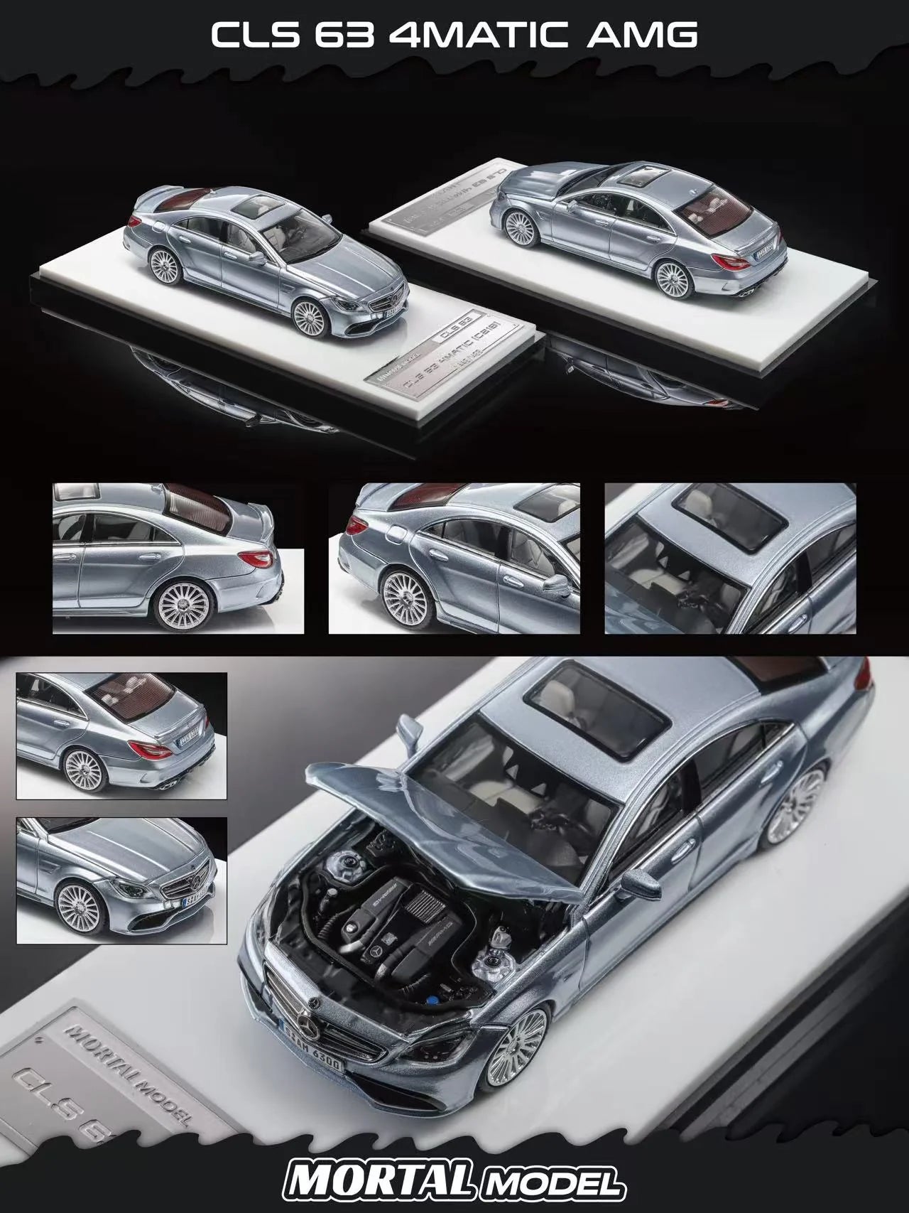 A detailed product presentation of a silver metallic diecast model car, identified as a Mercedes-Benz CLS 63 4matic AMG. The image features multiple views of the model, including a full side profile, close-ups of the rear and front, an open hood showing the engine bay, and a top-down perspective.