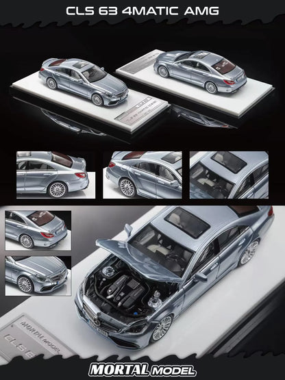 A detailed product presentation of a silver metallic diecast model car, identified as a Mercedes-Benz CLS 63 4matic AMG. The image features multiple views of the model, including a full side profile, close-ups of the rear and front, an open hood showing the engine bay, and a top-down perspective.