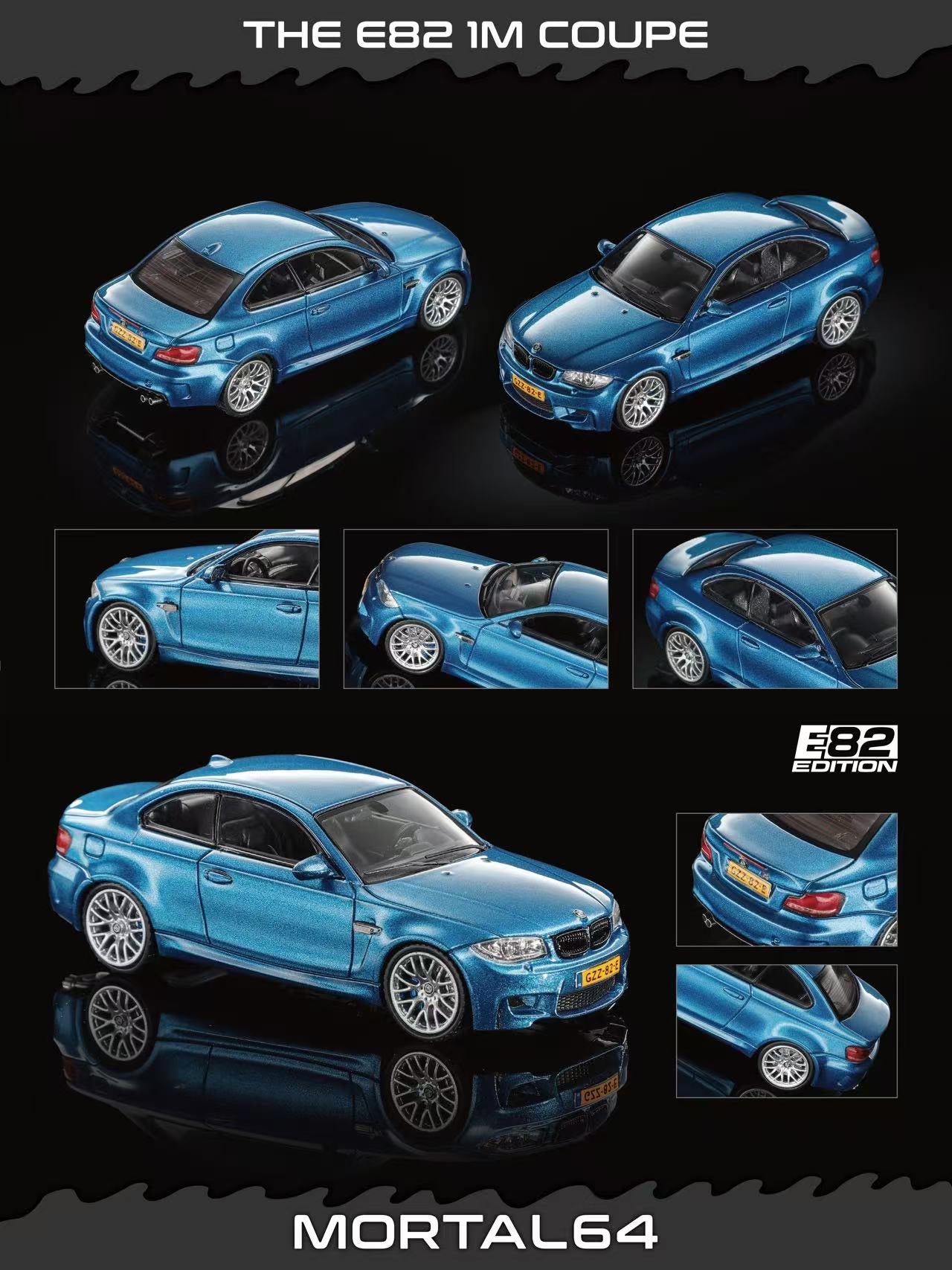 Model car of a blue BMW E82 1M Coupe with multiple views on a black background, featuring the brand 'Mortal64'.