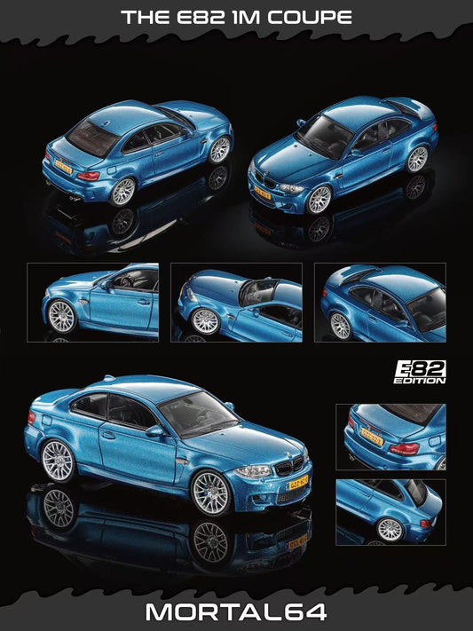 Model car of a blue BMW E82 1M Coupe with multiple views on a black background, featuring the brand 'Mortal64'.