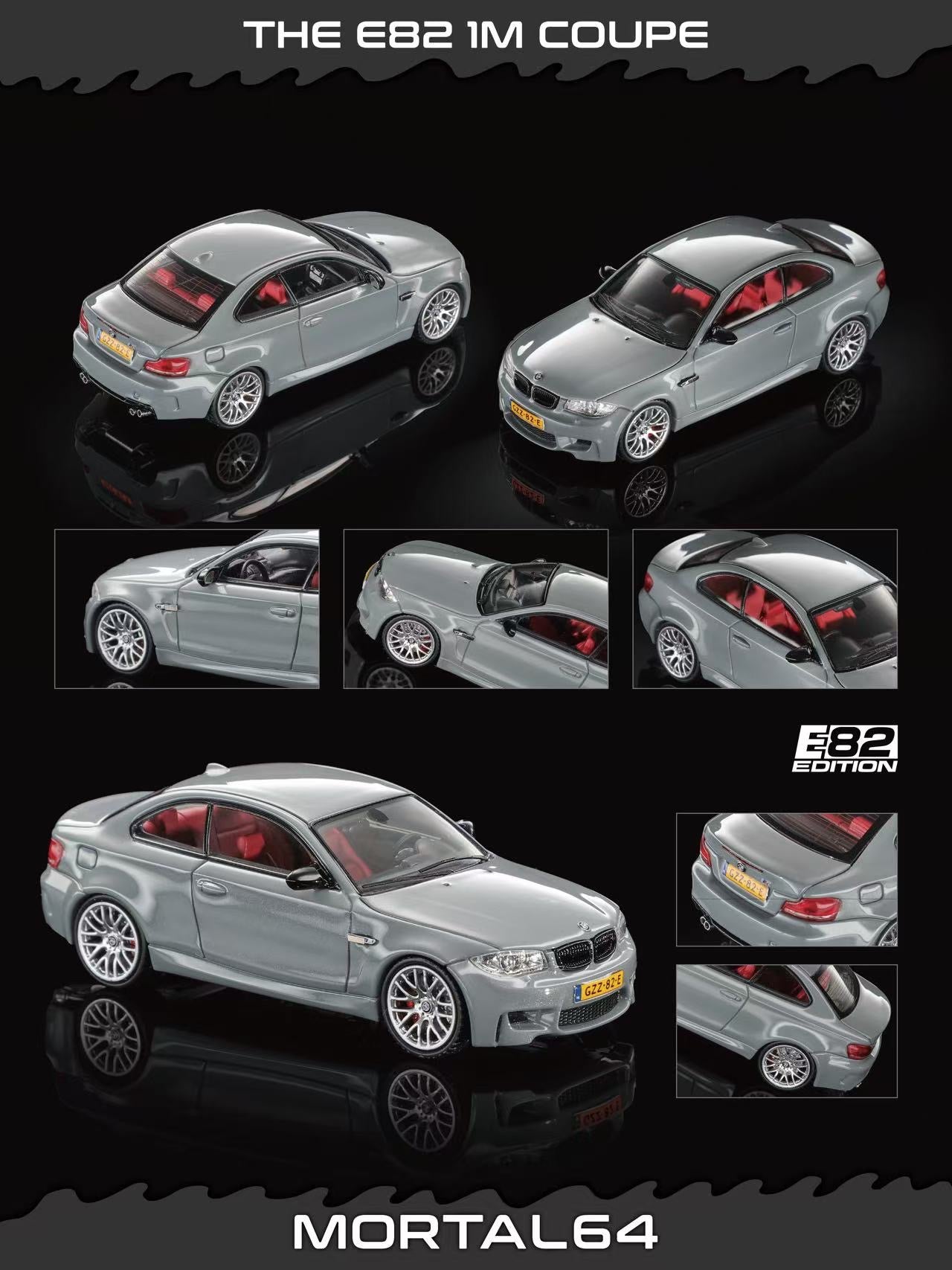 Model car of a grey BMW E82 1M Coupe with multiple views on a black background, featuring the brand 'Mortal64'.