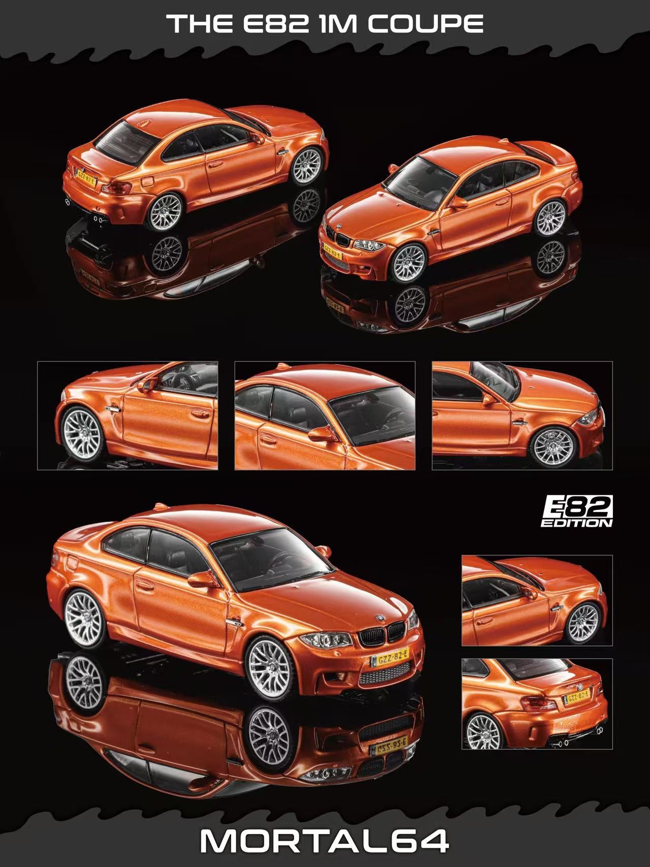 Promotional collage for a Mortal 64 scale model of the BMW E82 1M Coupe in metallic orange, showing multiple angles of the model car with reflections on a black background.