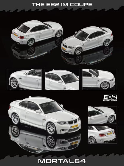 White BMW E82 1M Coupe diecast model car shown from multiple angles on a black reflective background, with text reading 'THE E82 1M COUPE' at the top and 'MORTAL64' at the bottom. The 'E82 EDITION' logo appears on the right.