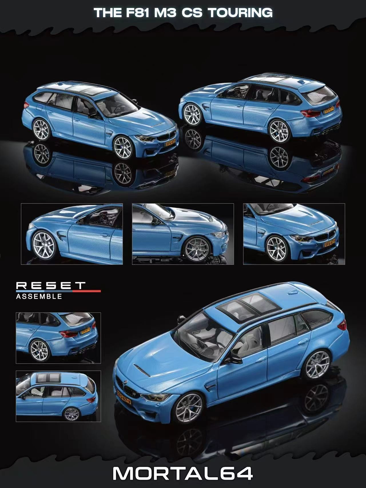 A blue die-cast model car shown from multiple angles on a black background, with text reading 'THE F81 M3 C5 TOURING' at the top, 'RESET ASSEMBLE' on the left, and 'MORTAL64' at the bottom. The product appears to be a Mortal 64 die-cast model of a BMW F81 M3 C5 Touring station wagon.