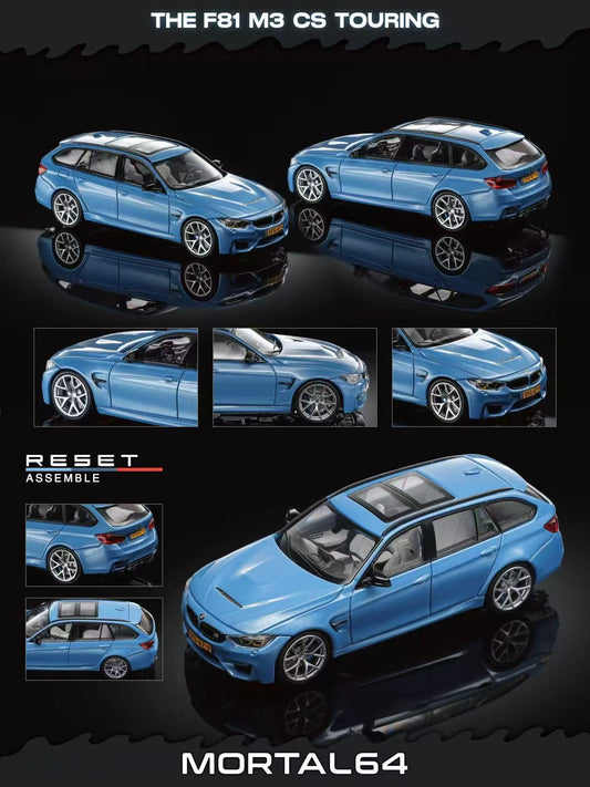 A blue die-cast model car shown from multiple angles on a black background, with text reading 'THE F81 M3 C5 TOURING' at the top, 'RESET ASSEMBLE' on the left, and 'MORTAL64' at the bottom. The product appears to be a Mortal 64 die-cast model of a BMW F81 M3 C5 Touring station wagon.