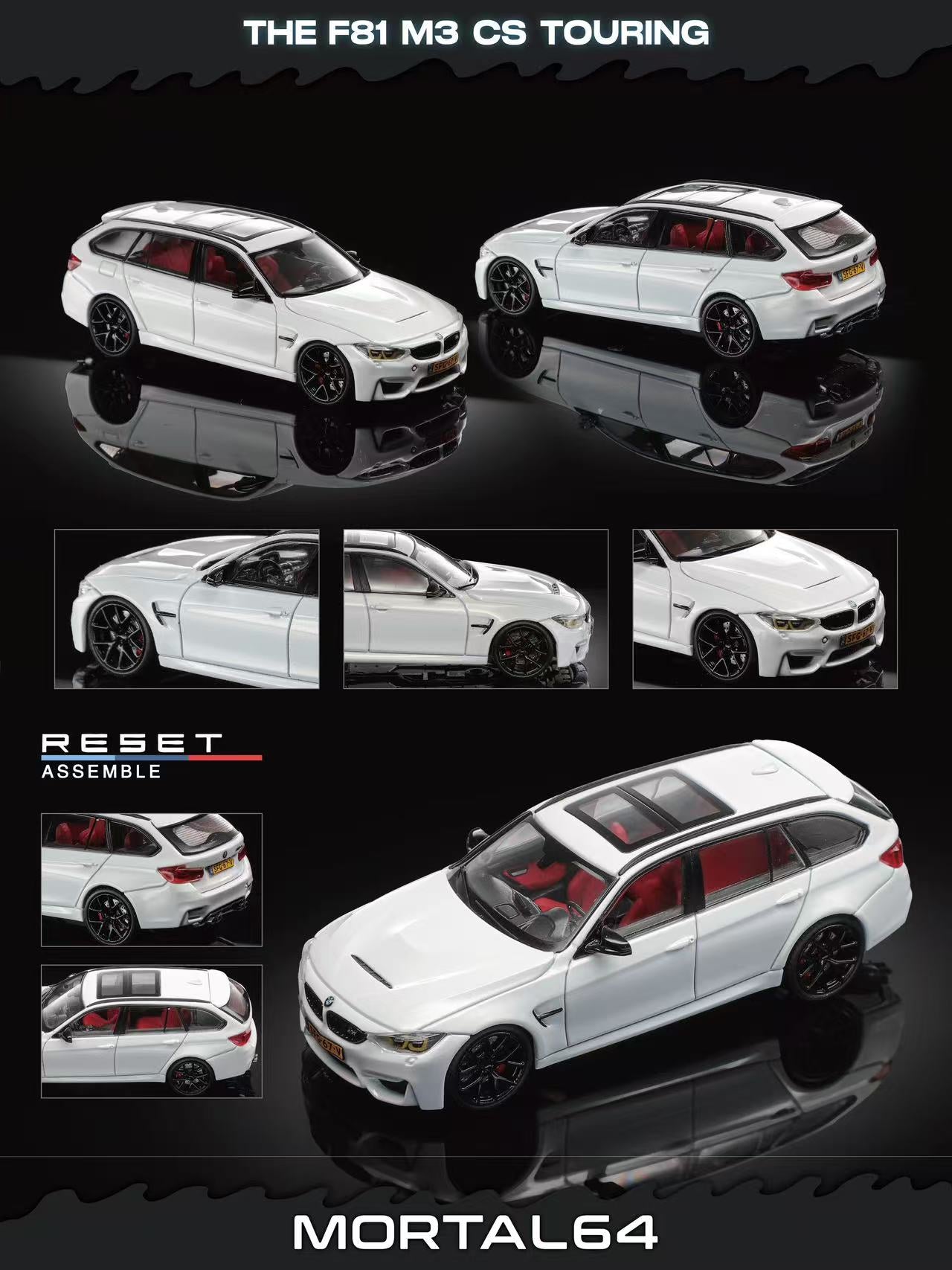 Model car of a white BMW F81 M3 CS Touring with multiple views on a black background.