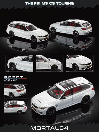 Model car of a white BMW F81 M3 CS Touring with multiple views on a black background.