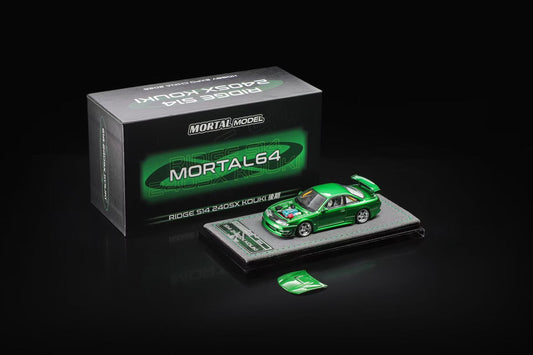Mortal Model 1/64 scale model car, Ridge RM 240SX Round RM, in metallic green, displayed next to its black and green product box on a black reflective surface.
