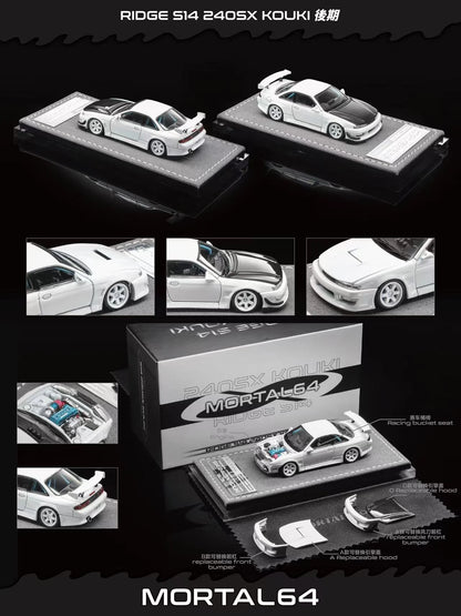 Mortal64 Ridge S14 240S X Kouki model car kit display on a black background, showing the silver and black diecast model car from multiple angles along with its packaging box.