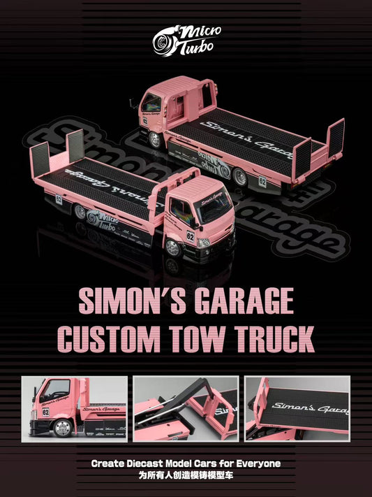 Pink tow truck model with 'Simon's Garage' branding on a black background, featuring the Micro Turbo logo.