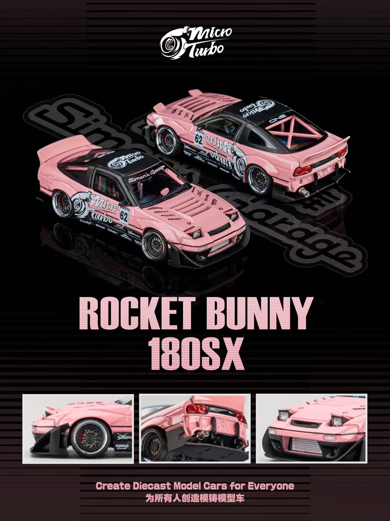 Pink Rocket Bunny 180SX model cars with Micro Turbo branding on a black background.