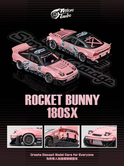 Pink Rocket Bunny 180SX model cars with Micro Turbo branding on a black background.