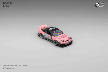 Model car of a pink 180SX Rocket Bunny on a gray background