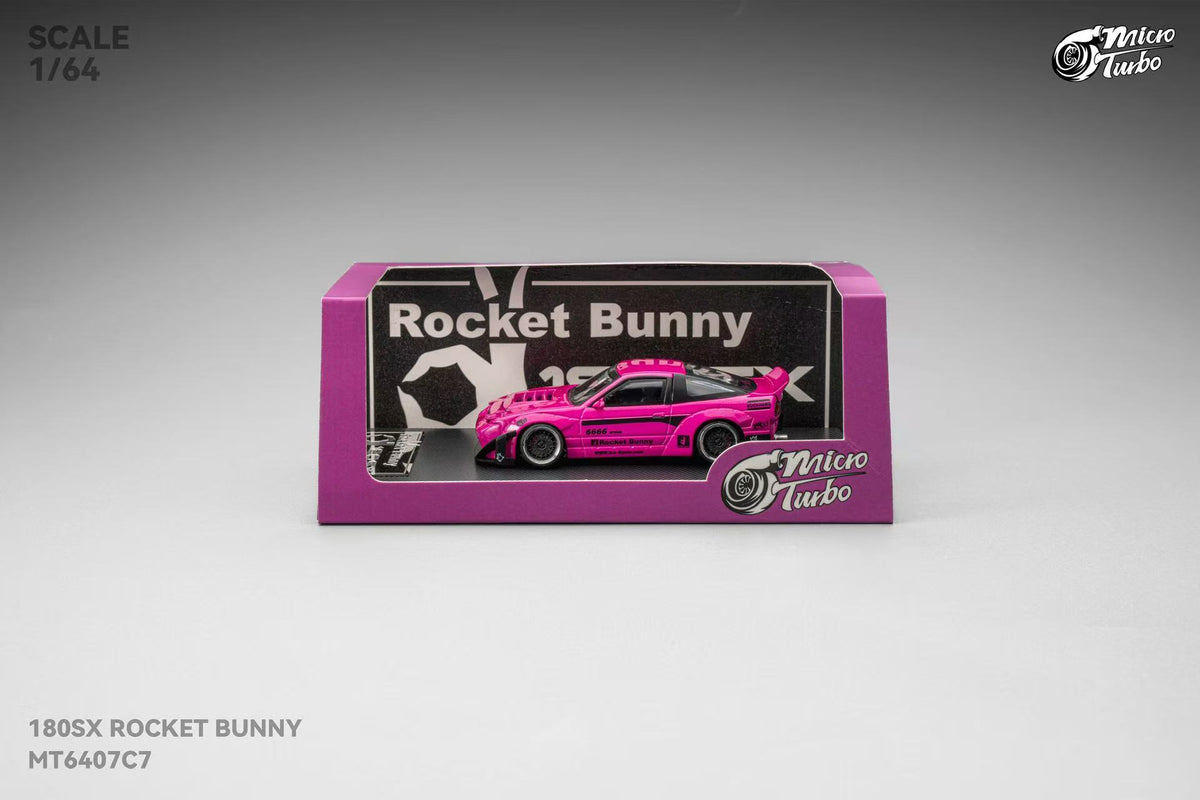 Model car packaging with pink car and 'Rocket Bunny' branding on a gray background