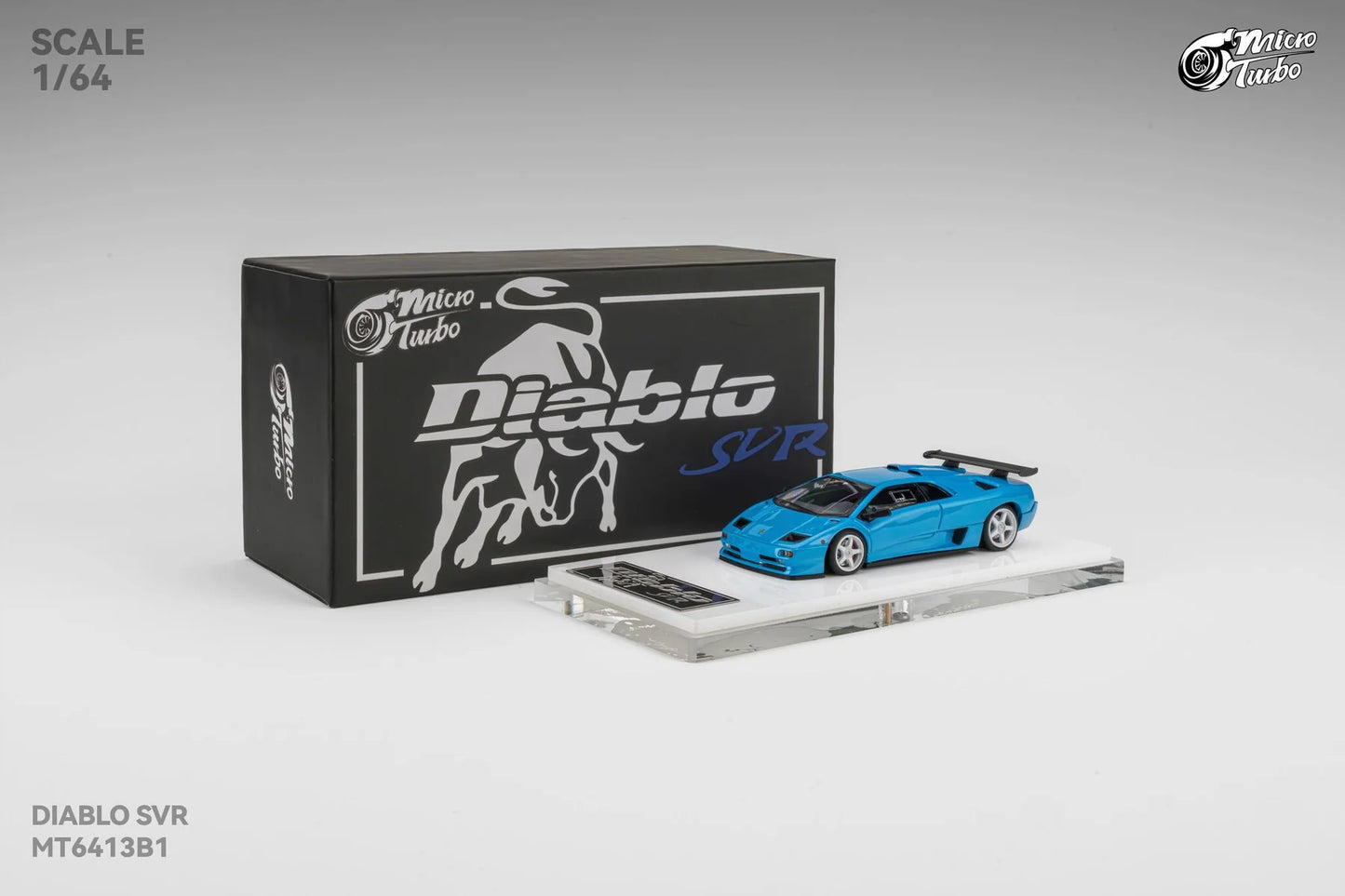 Model car of a blue sports car with 'Diablo SVR' branding on a white background