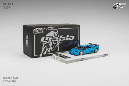 Model car of a blue sports car with 'Diablo SVR' branding on a white background