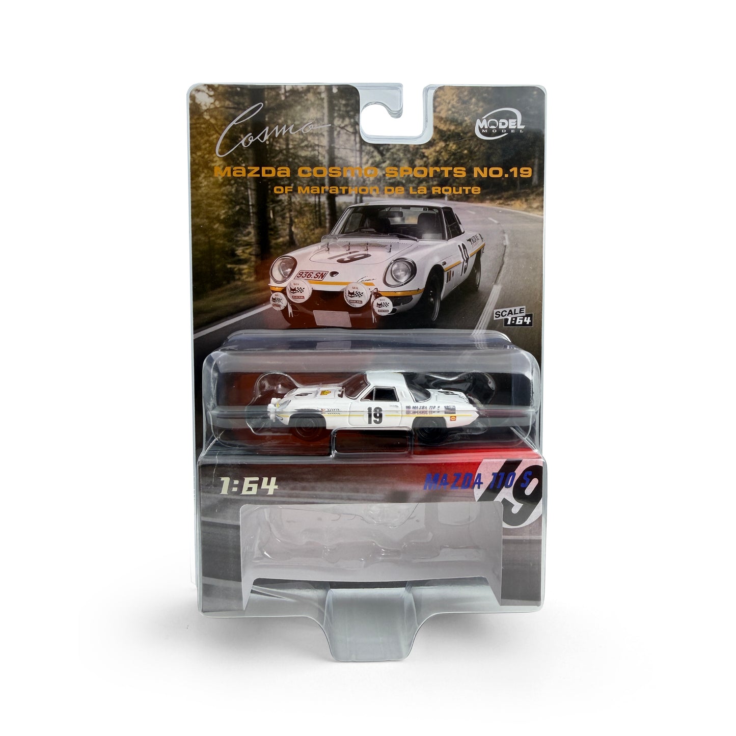 Model car in packaging with a scenic background