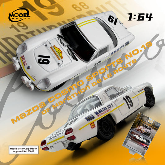 Model car kit of a Mazda Cosmo Sports with packaging on a gradient background