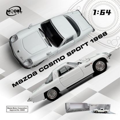 Model of a 1968 Mazda Cosmo Sport car with branding and specifications on a white background.