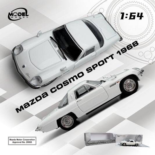 Model of a 1968 Mazda Cosmo Sport car with branding and specifications on a white background.