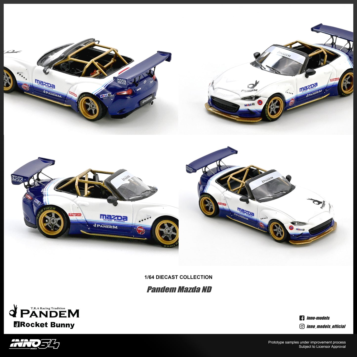 Four model cars from the Pandem Rocket Bunny collection on a white background