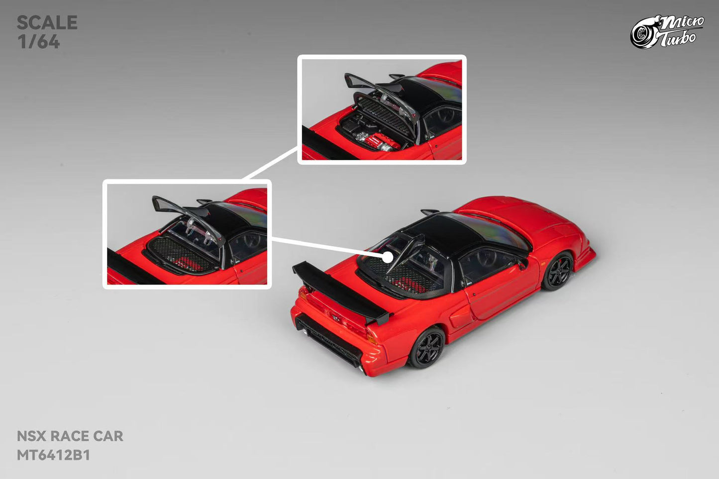 Red model car with open doors on a gray background, featuring 'Hi-Story' branding.