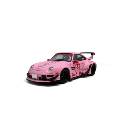 Pink sports car with 'Hooters' branding on a white background