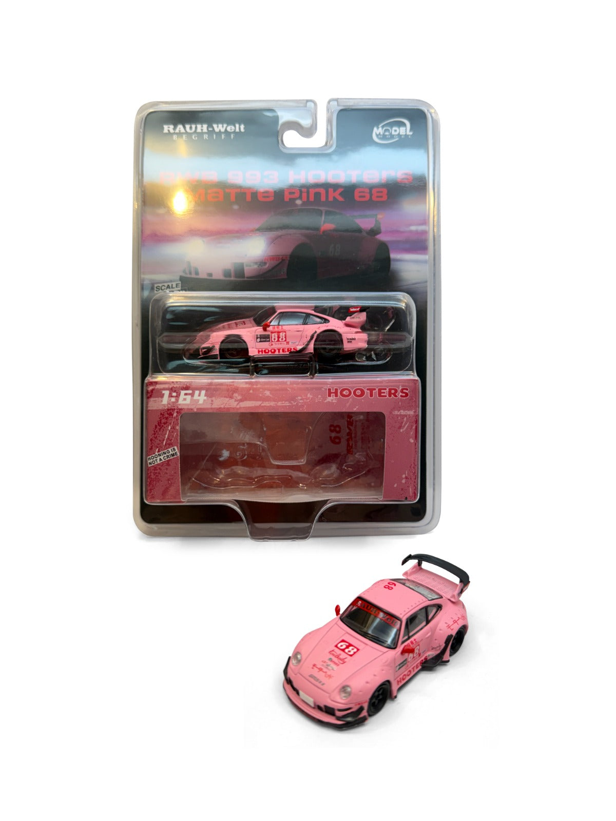 Pink car model with 'Hooters' branding on a white background