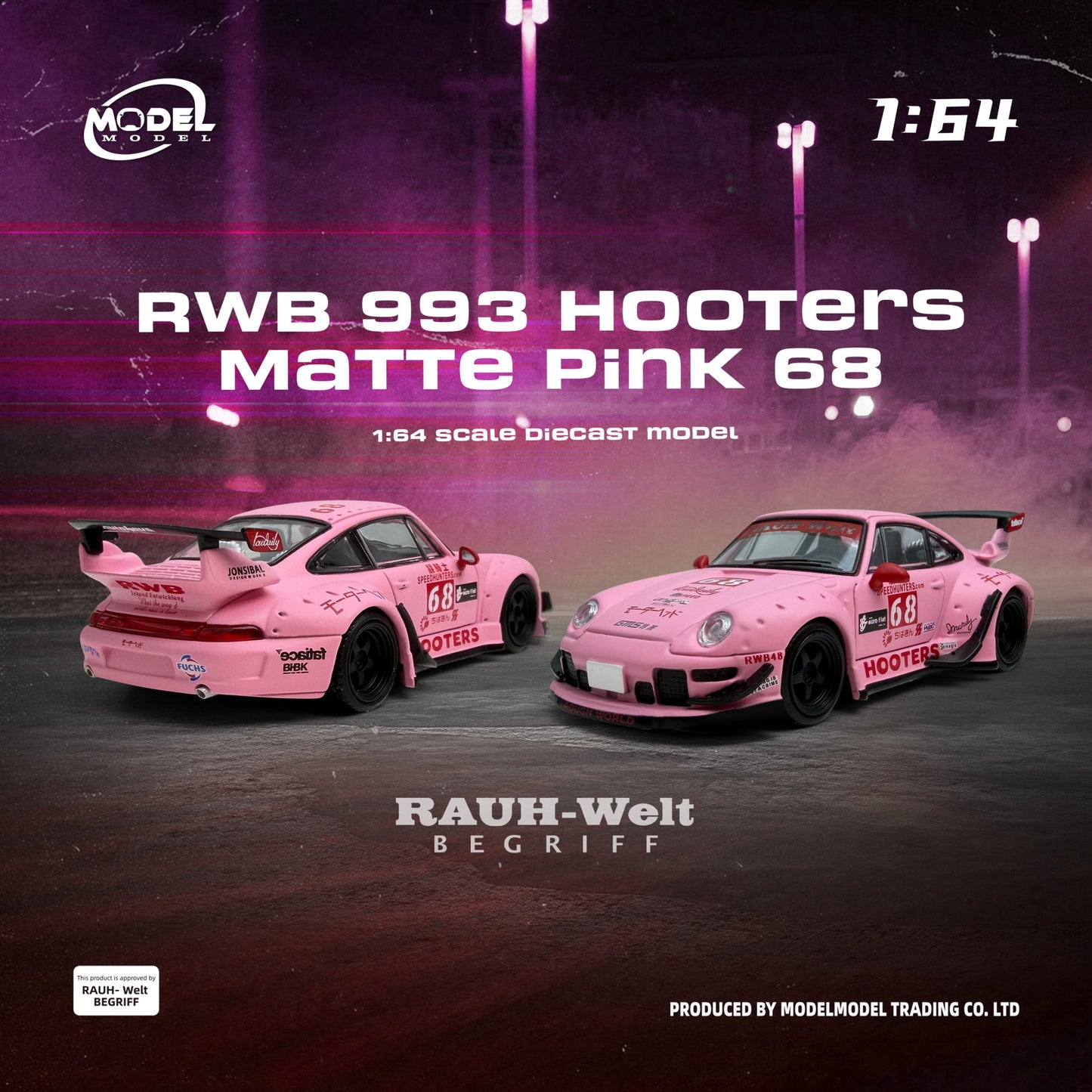 Two pink sports cars with 'Hooters' branding on a dark background, featuring text about scale and model company.
