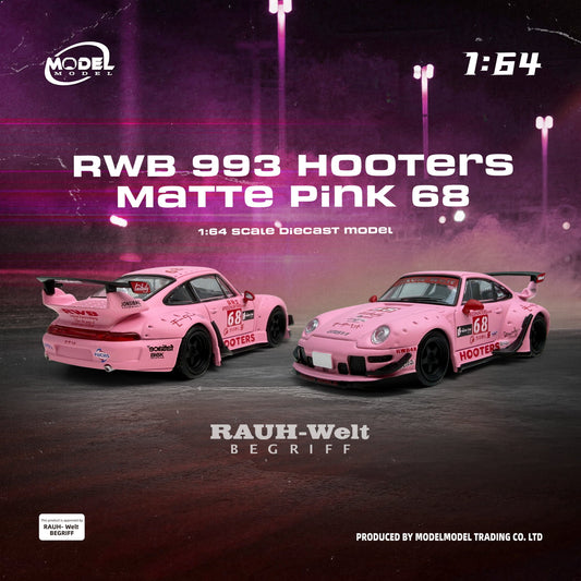 Two pink sports cars with 'Hooters' branding on a dark background, featuring text about scale and model company.