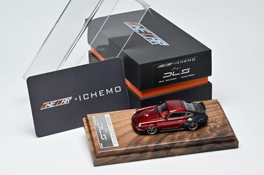 Model car on a wooden stand with IChemo branding in the background