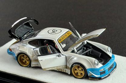 PGM 1:64 RWB Porsche 930 diecast model in pearl white with opening hood, doors and rear engine cover, gold wheels, blue bumpers and detailed interior