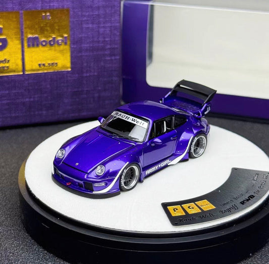 A metallic purple model car displayed on a white circular base, with a purple box in the background and a branded display plaque in the foreground.