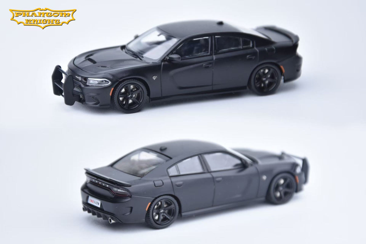 Two matte black die-cast model cars, a Dodge Charger SE with a front bumper guard and a Dodge Charger SE with a rear bumper guard, shown on a white background. The 'Platinum Kings' logo is in the top-left corner.
