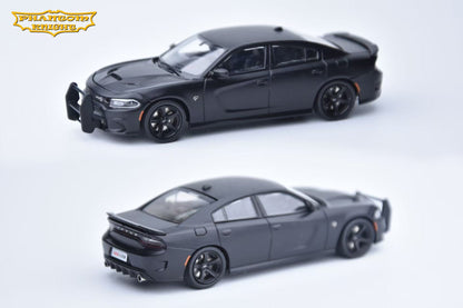 Two matte black die-cast model cars, a Dodge Charger SE with a front bumper guard and a Dodge Charger SE with a rear bumper guard, shown on a white background. The 'Platinum Kings' logo is in the top-left corner.