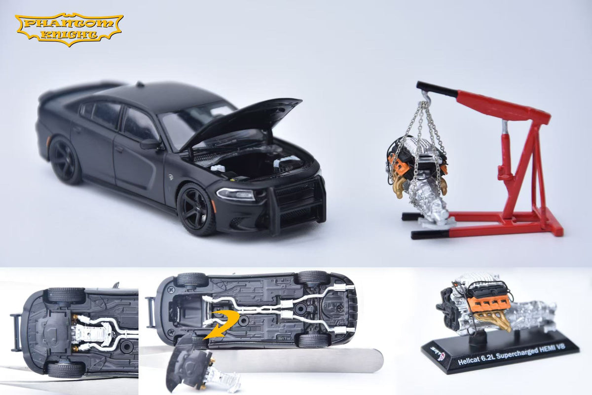 A model car assembly set on a light gray background, showing a black die-cast sedan with the hood open, a red crane lifting a silver engine, and multiple detail views including the undercarriage and engine display. The Phantom Kings logo appears in the top left.