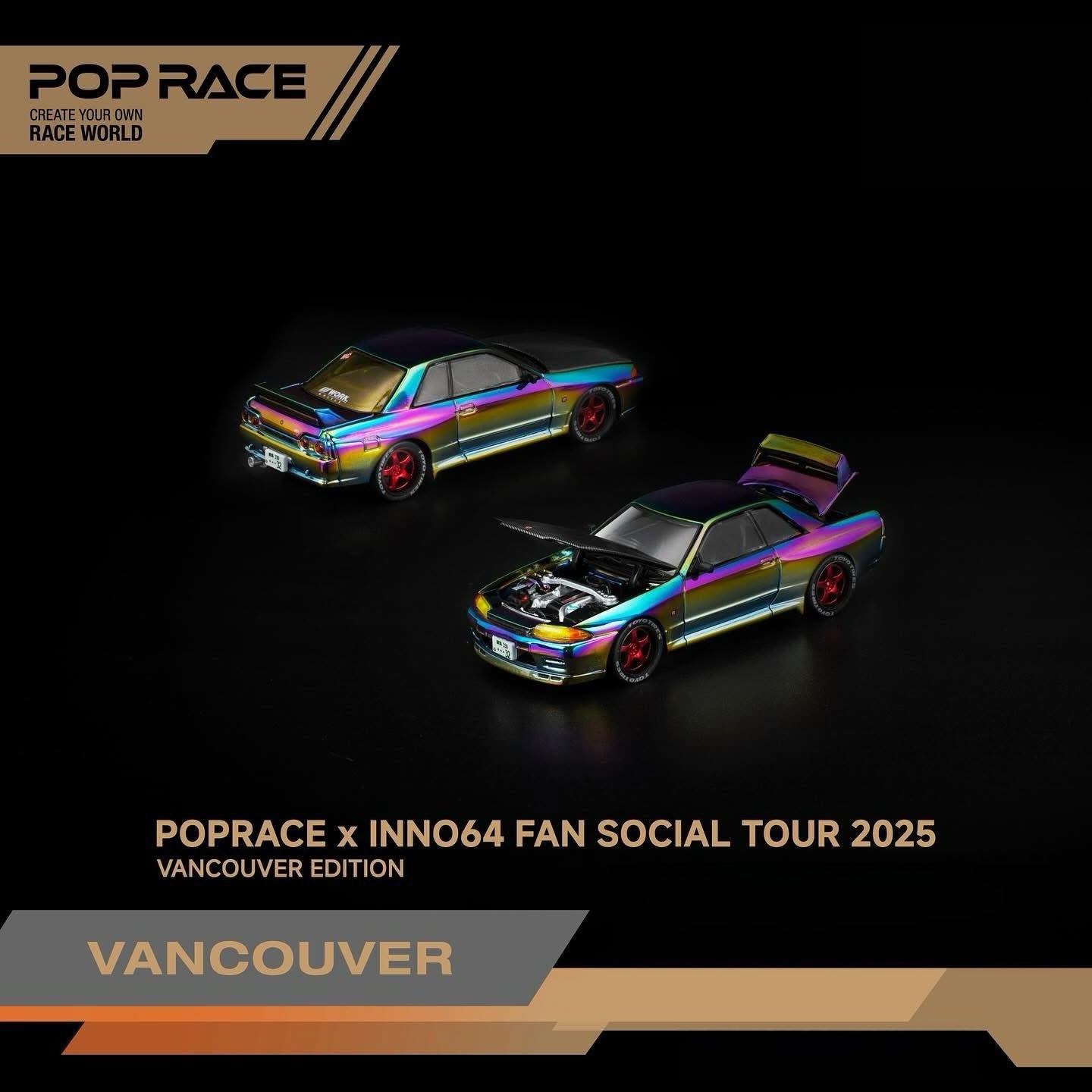 Two magic chrome nissan r32 model cars on a black background with 'Pop Race' branding.