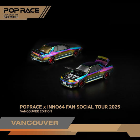 Two magic chrome nissan r32 model cars on a black background with 'Pop Race' branding.