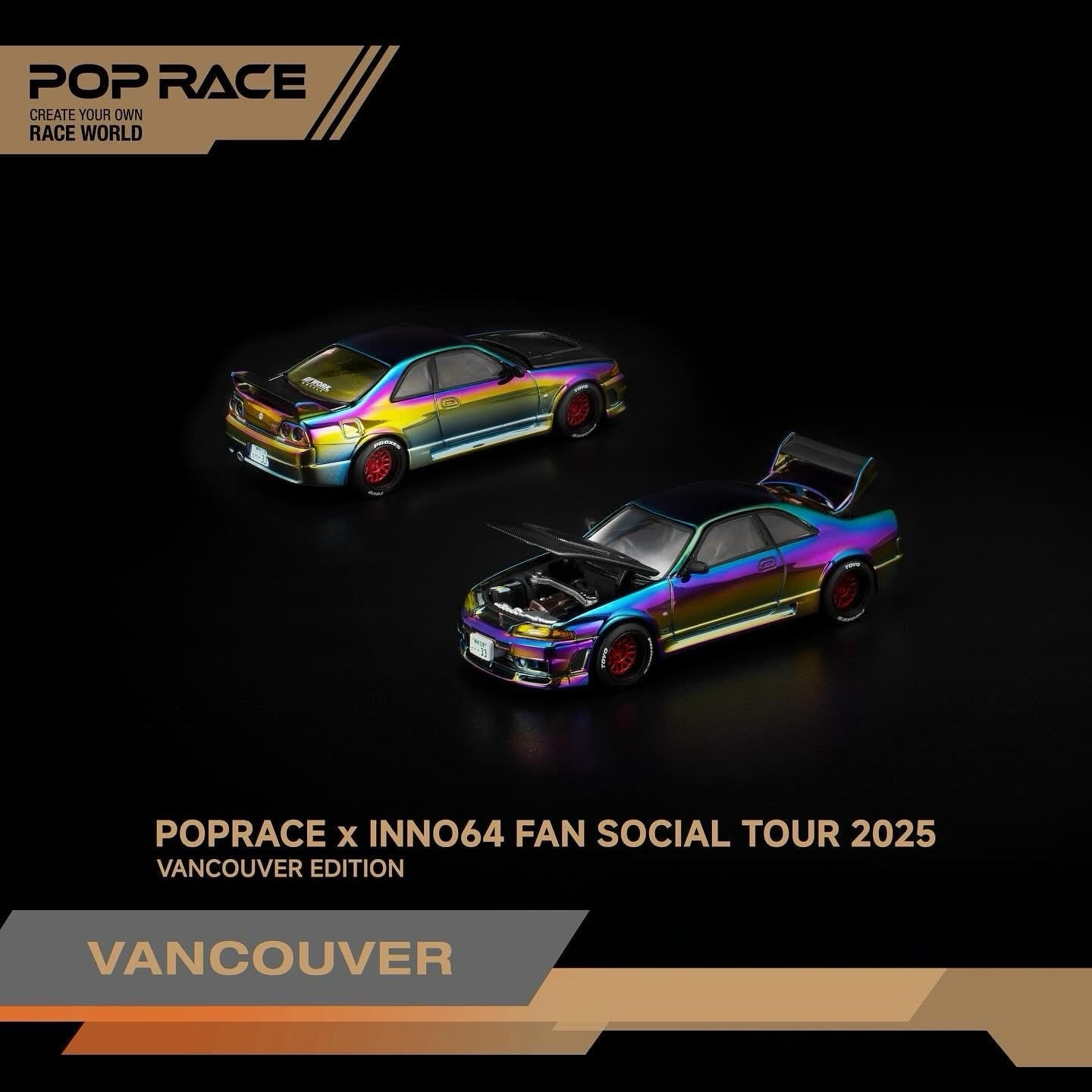 Two magic chrome nissan r33 model cars on a black background with 'Pop Race' branding.
