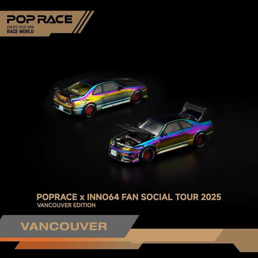 Two magic chrome nissan r33 model cars on a black background with 'Pop Race' branding.