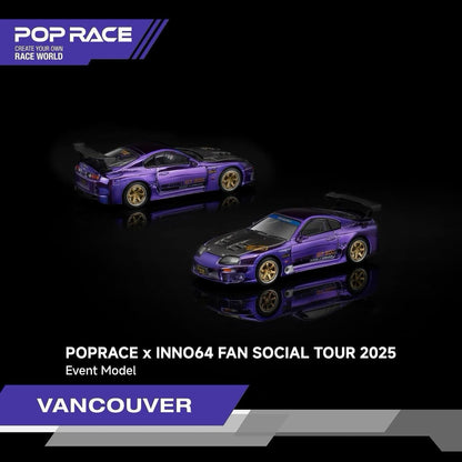 Two purple Top Secret Supra with gold wheels on a black background, featuring 'Pop Race' branding.