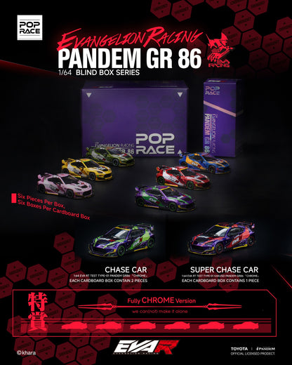 Promotional image of Evangelion Racing Pandem GR 86 toy car blind box series packaging.