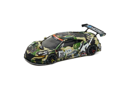 Camouflage-themed model sports car with a large rear spoiler, showcasing racing decals and the number 202. The design exudes a bold, competitive vibe.